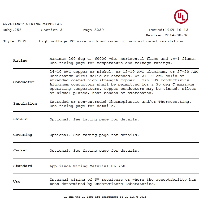 美国UL 3239 高压硅胶电线认证汇报 